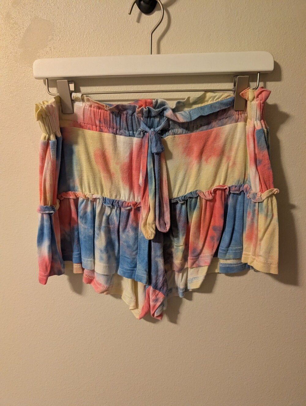 Simply Southern Tie-Dye Ruffle Lounge Shorts Red Pink Blue Small / Medium